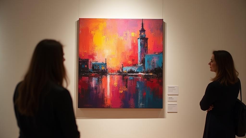 Vibrant abstract painting by artist Anya Sharma displayed in a gallery setting