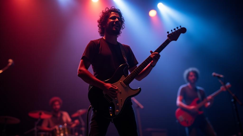 Musician Rohan Das performing energetically on stage with his band